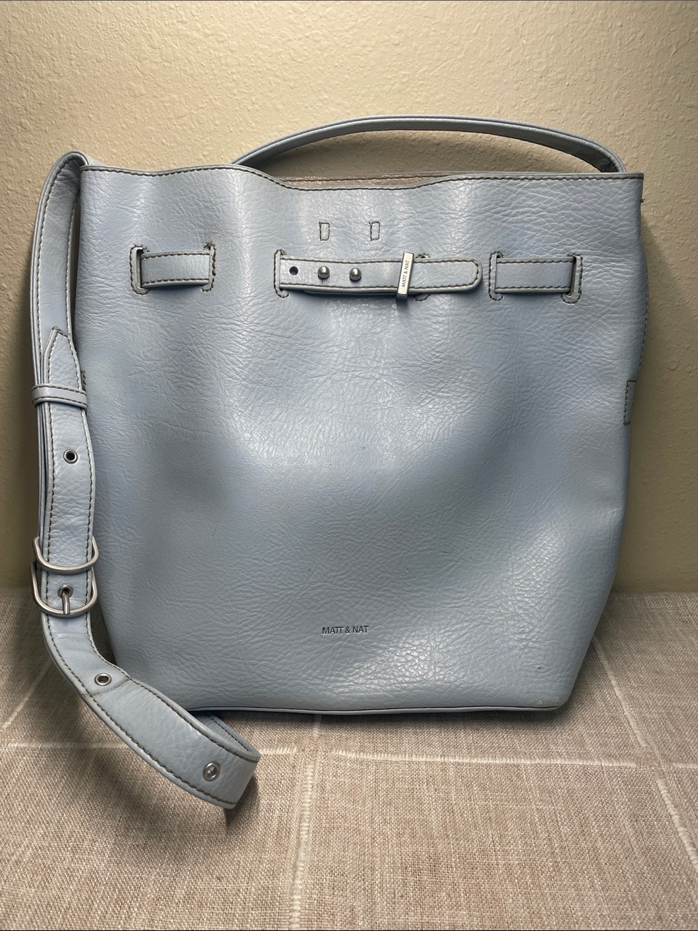 Matt & Nat Light Blue Vegan Leather Tote Bag Buckle Strap
